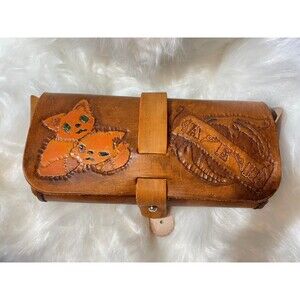Vintage Chopper Bikers Handtooled Tooled Leather Roll Bag Cats AEH